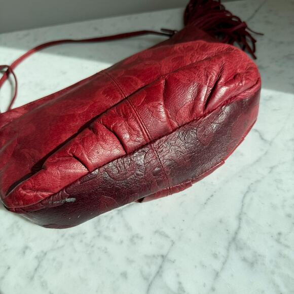Vintage Genuine Leather Embossed Floral Crossbody Bag Burgundy Red - Picture 4 of 8